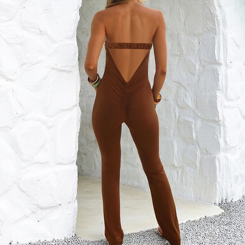 Bodycon Strapless Jumpsuit with Plunging V-Notch Detail