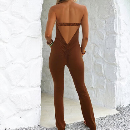 Bodycon Strapless Jumpsuit with Plunging V-Notch Detail
