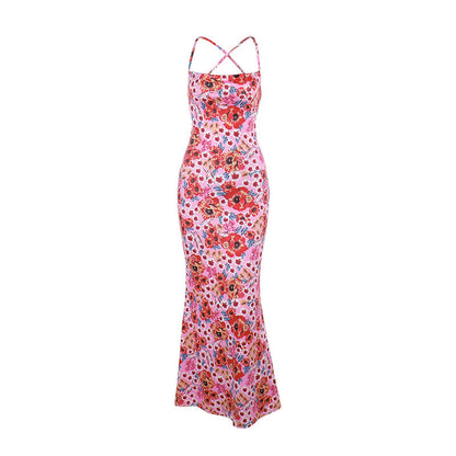 Elegant Slim Strap Printed Dress Bright Color