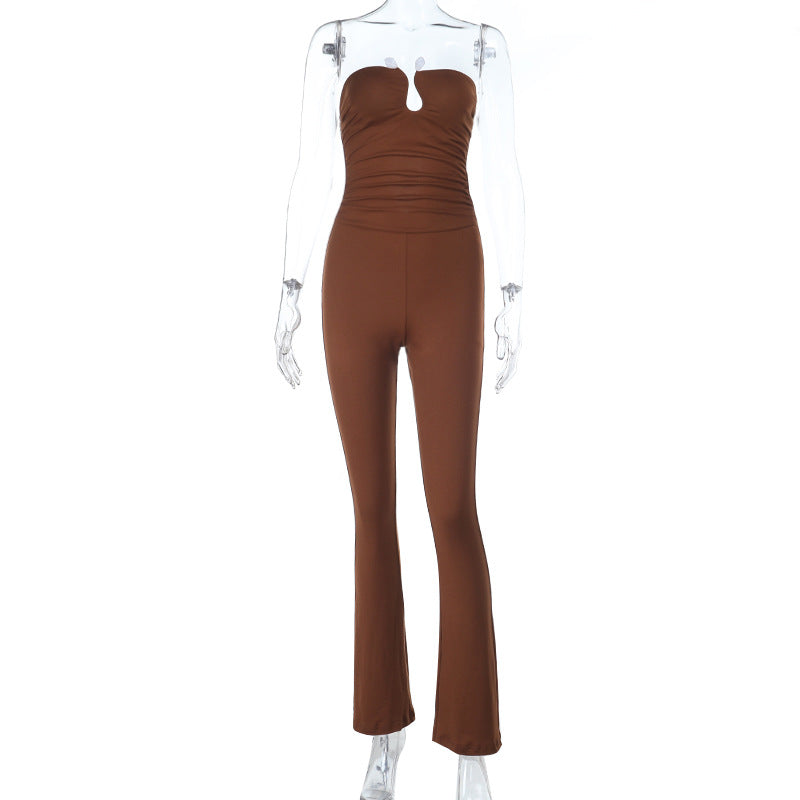 Bodycon Strapless Jumpsuit with Plunging V-Notch Detail