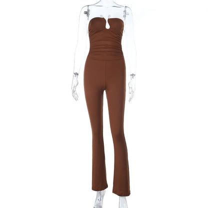 Bodycon Strapless Jumpsuit with Plunging V-Notch Detail