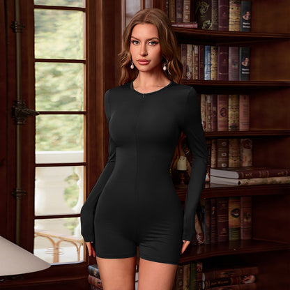 Bodycon Short Romper with Zipper V-Neck and Long Sleeves