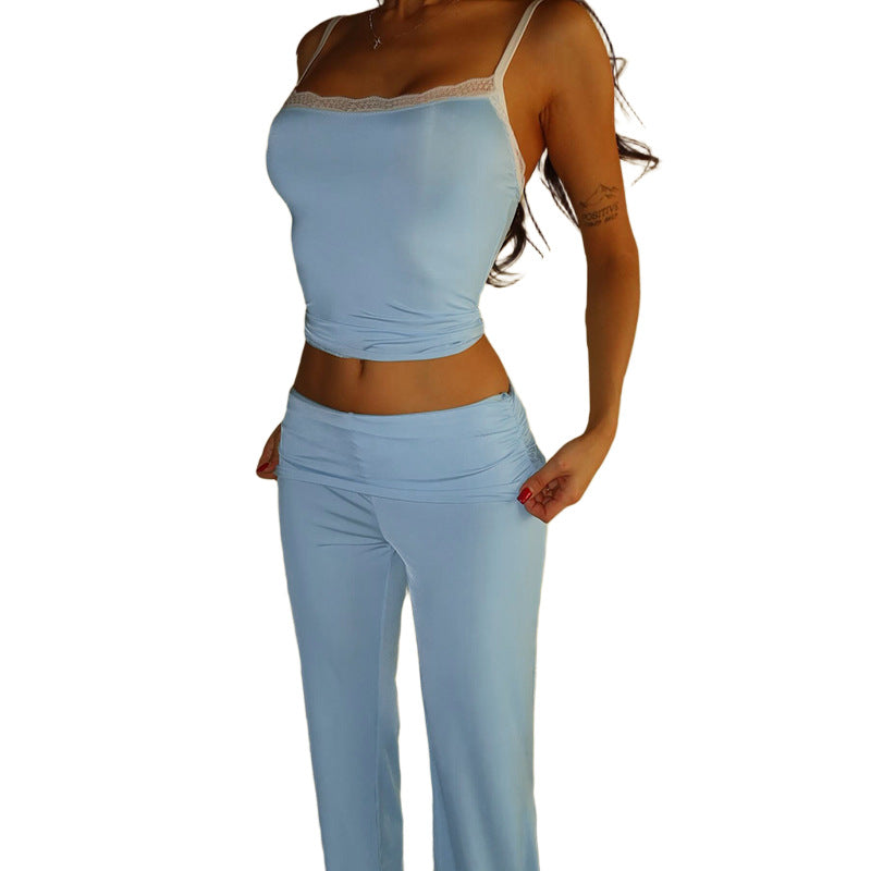 Lace Suspender Suit With Exposed Navel Blue & Yellow