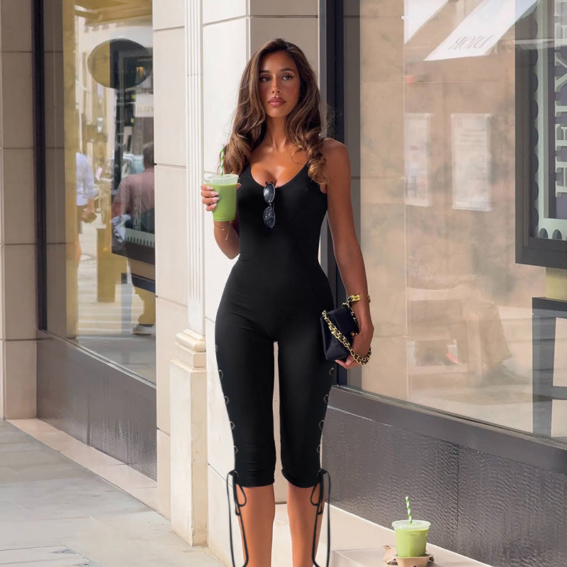 Bodycon Cropped Jumpsuit with Lace-Up Eyelet Detail