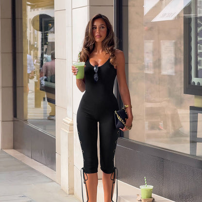 Bodycon Cropped Jumpsuit with Lace-Up Eyelet Detail