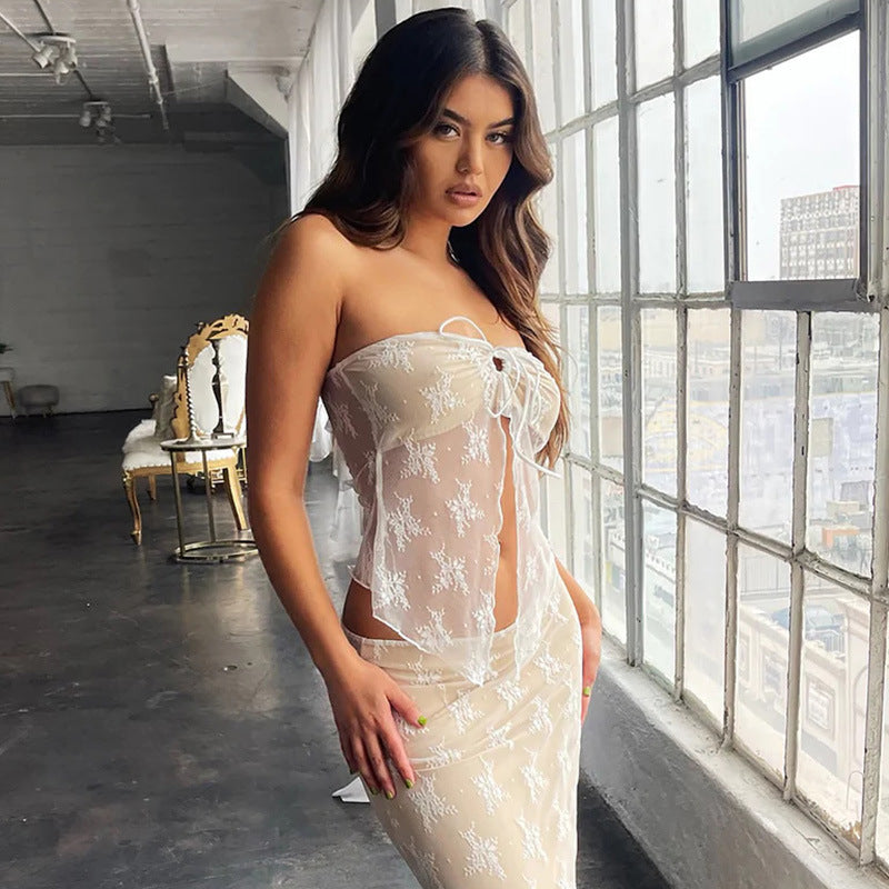 Sheer Floral Lace Tube Top with Tie-Front Detail