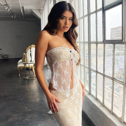 Sheer Floral Lace Tube Top with Tie-Front Detail