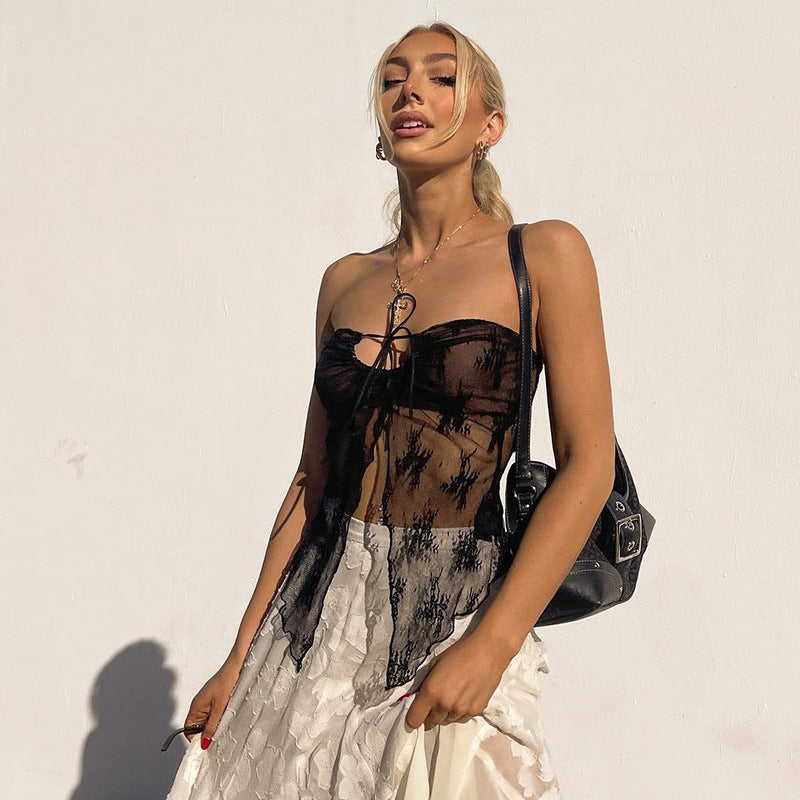Sheer Floral Lace Tube Top with Tie-Front Detail
