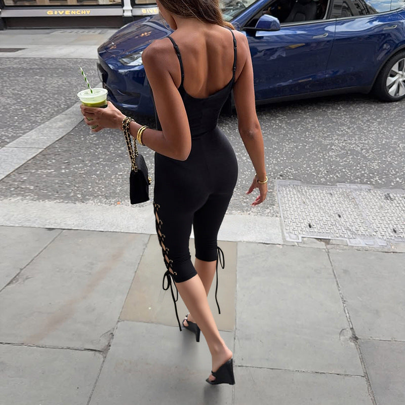 Bodycon Cropped Jumpsuit with Lace-Up Eyelet Detail