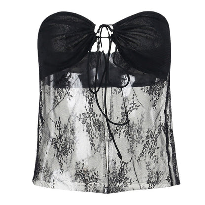 Sheer Floral Lace Tube Top with Tie-Front Detail