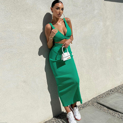 Deep V Midi Dress With High Waist Solid Green