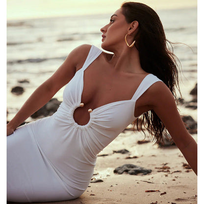 Backless V-Neck Sleeveless Irregular Long Dress Solid Color