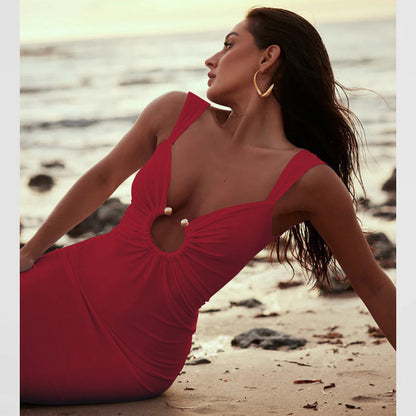 Backless V-Neck Sleeveless Irregular Long Dress Solid Color