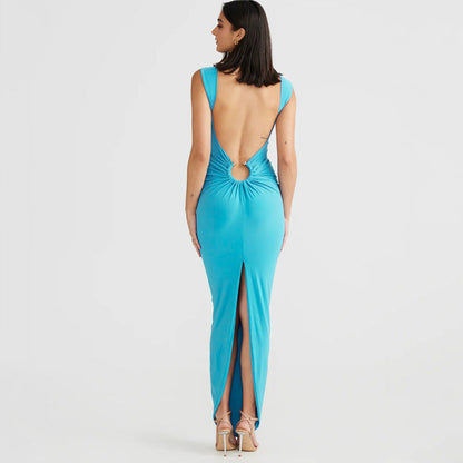 Backless V-Neck Sleeveless Irregular Long Dress Solid Color