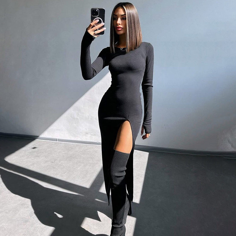 Backless Slim Fit Long Sleeve Knitted Dress Spice Red