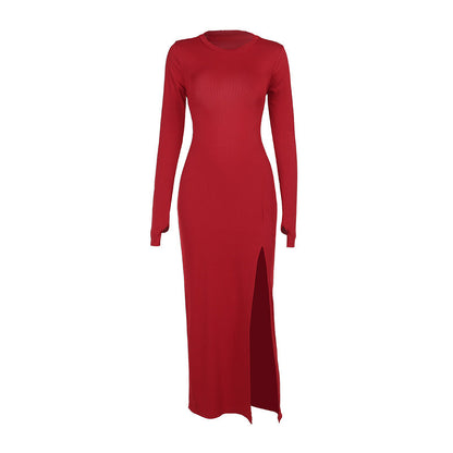 Backless Slim Fit Long Sleeve Knitted Dress Spice Red