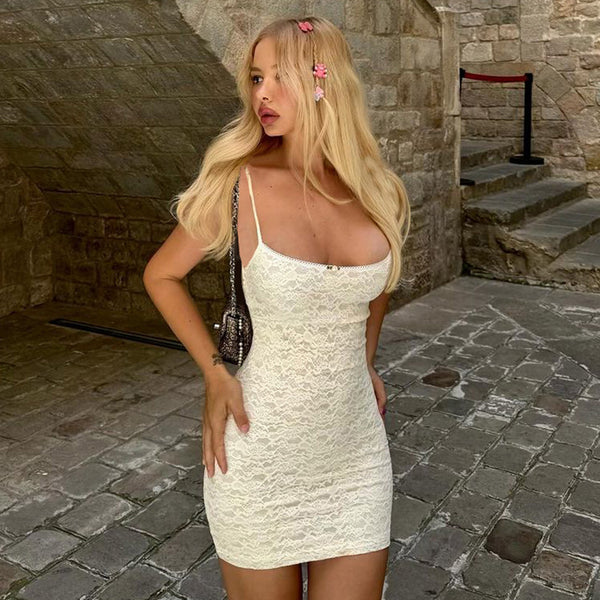 Lace Bodycon Mini Dress with Spaghetti Straps and Scoop Neck