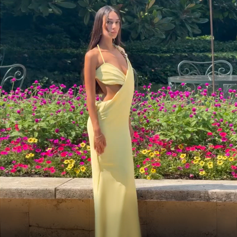 One-Shoulder Sheath Maxi Dress with Side Cutout and Ring Detail