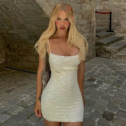 Lace Bodycon Mini Dress with Spaghetti Straps and Scoop Neck