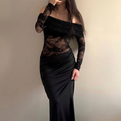 Off-the-Shoulder Bodycon Maxi Dress with Lace Splicing