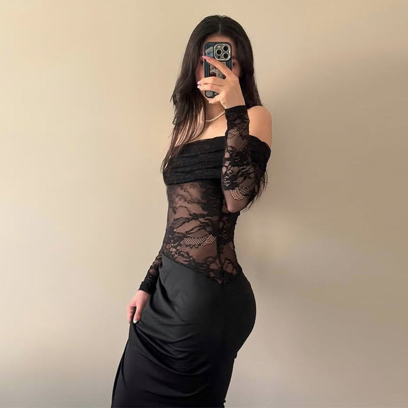 Off-the-Shoulder Bodycon Maxi Dress with Lace Splicing