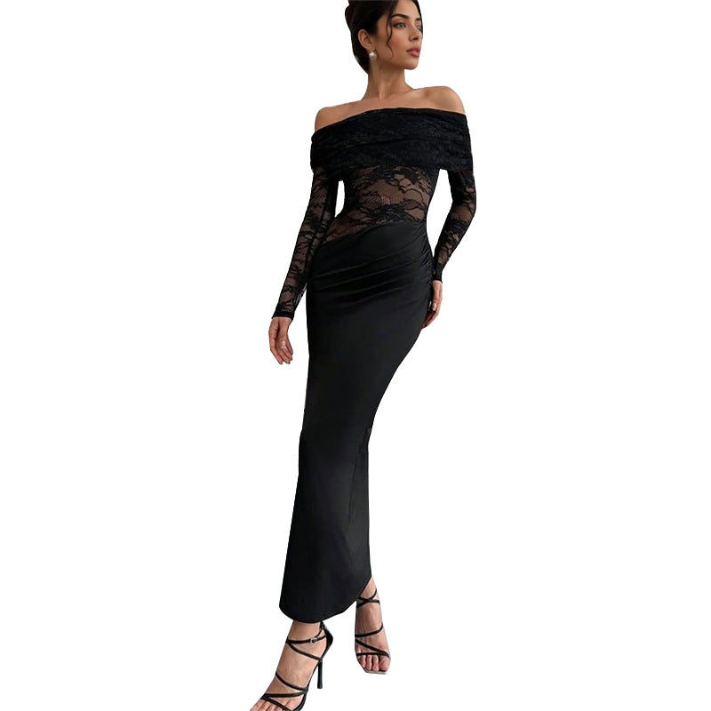 Off-the-Shoulder Bodycon Maxi Dress with Lace Splicing