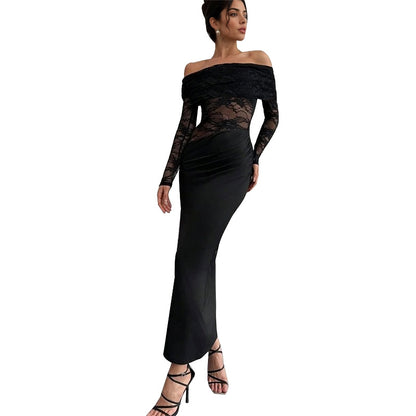 Off-the-Shoulder Bodycon Maxi Dress with Lace Splicing