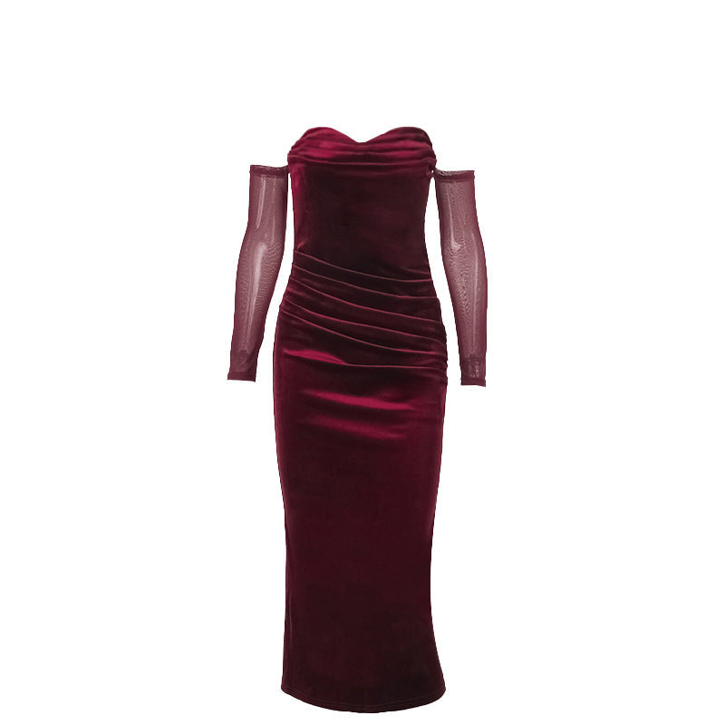 Elegant Sexy Shoulder Pleated Suede Dress Dark Blue
