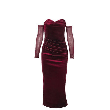 Elegant Sexy Shoulder Pleated Suede Dress Dark Blue