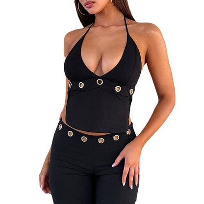 Solid Halterneck Crop Top with Eyelet Detailing