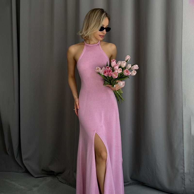 Solid Knit Maxi Dress with Halter Neck and High Slit