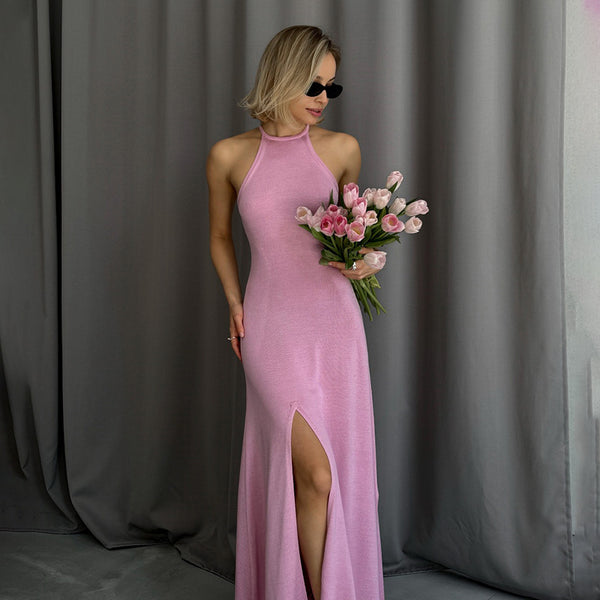 Solid Knit Maxi Dress with Halter Neck and High Slit