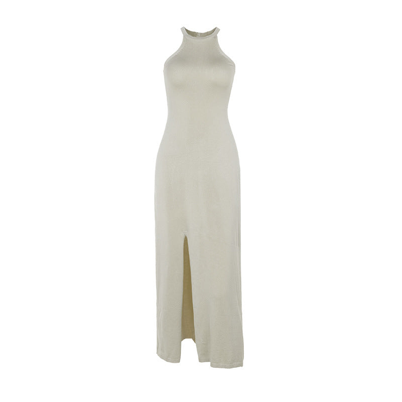 Solid Knit Maxi Dress with Halter Neck and High Slit