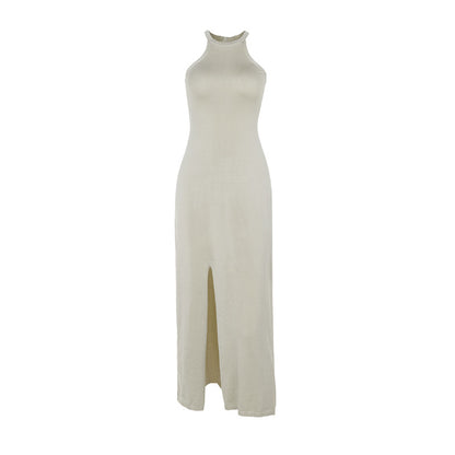 Solid Knit Maxi Dress with Halter Neck and High Slit