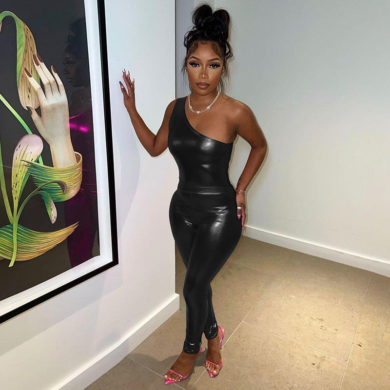 Metallic One-Shoulder Two-Piece Set with High-Waist Leggings