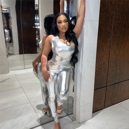 Metallic One-Shoulder Two-Piece Set with High-Waist Leggings