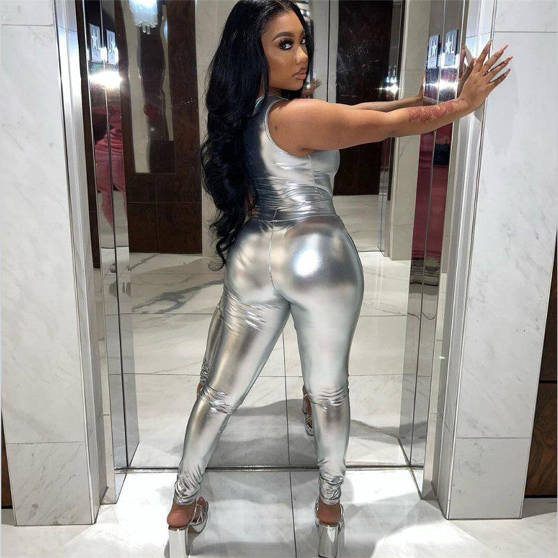 Metallic One-Shoulder Two-Piece Set with High-Waist Leggings