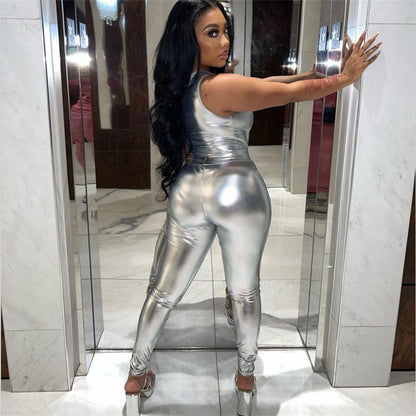 Metallic One-Shoulder Two-Piece Set with High-Waist Leggings