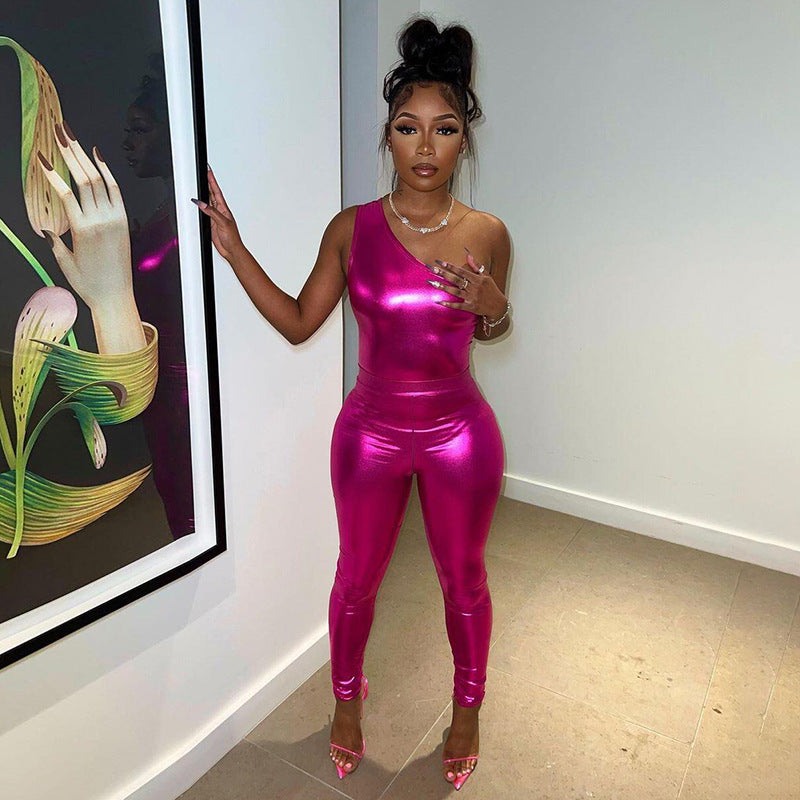 Metallic One-Shoulder Two-Piece Set with High-Waist Leggings