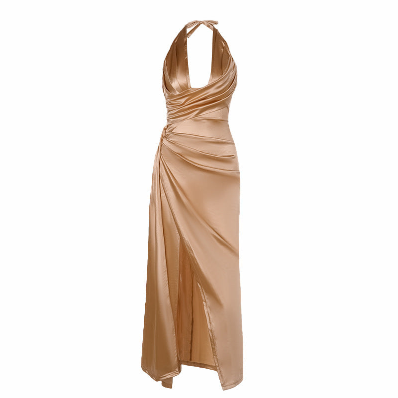Elegant Deep V Satin Long Dress Pleated Slim Fit