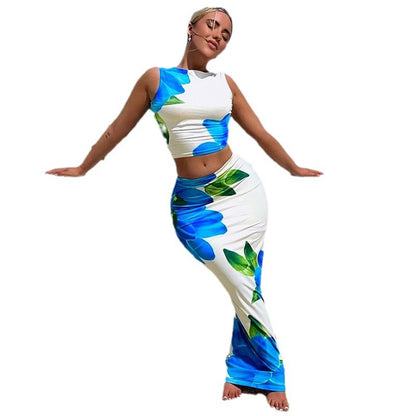 Floral Print Bodycon Maxi Skirt Set with Sleeveless Crop Top
