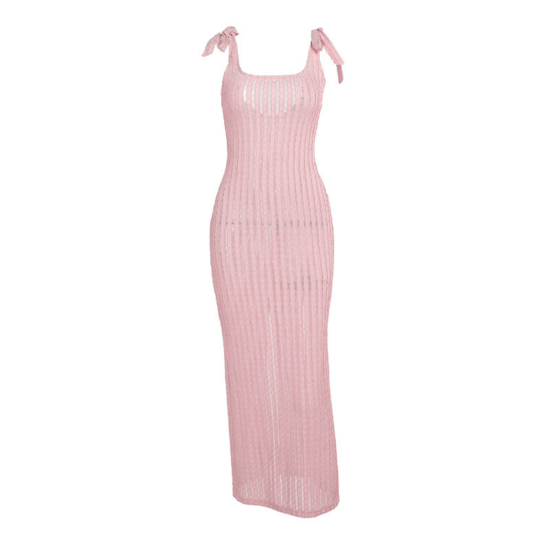Textured Bodycon Maxi Dress with Tie-Shoulder Straps