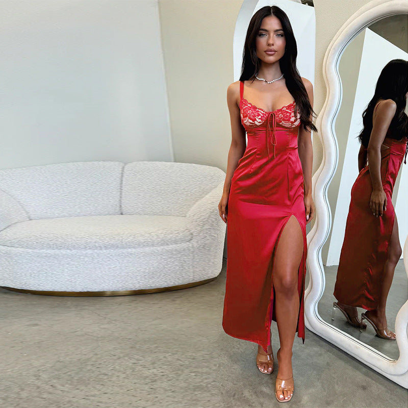Elegant Satin Split Strap Long Dress Black