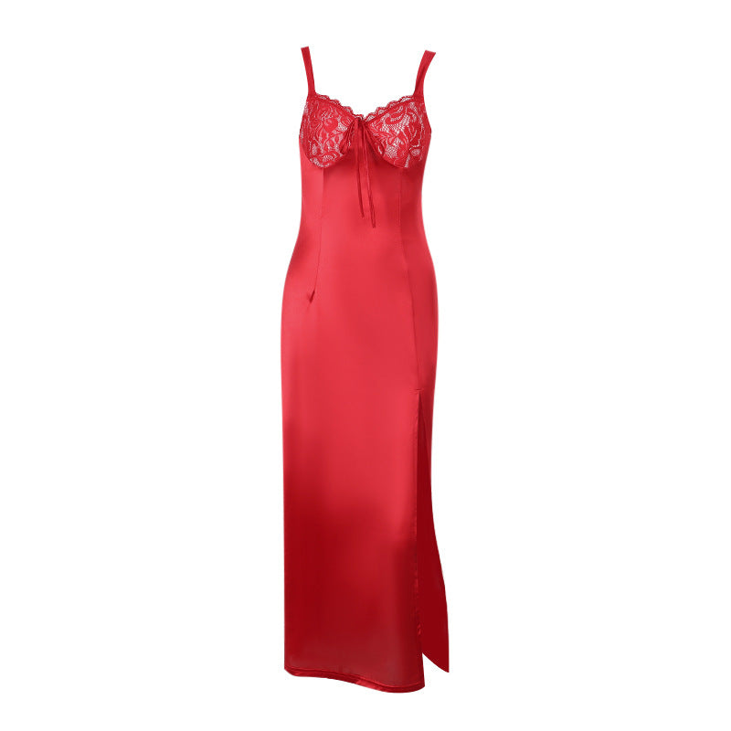 Elegant Satin Split Strap Long Dress Black