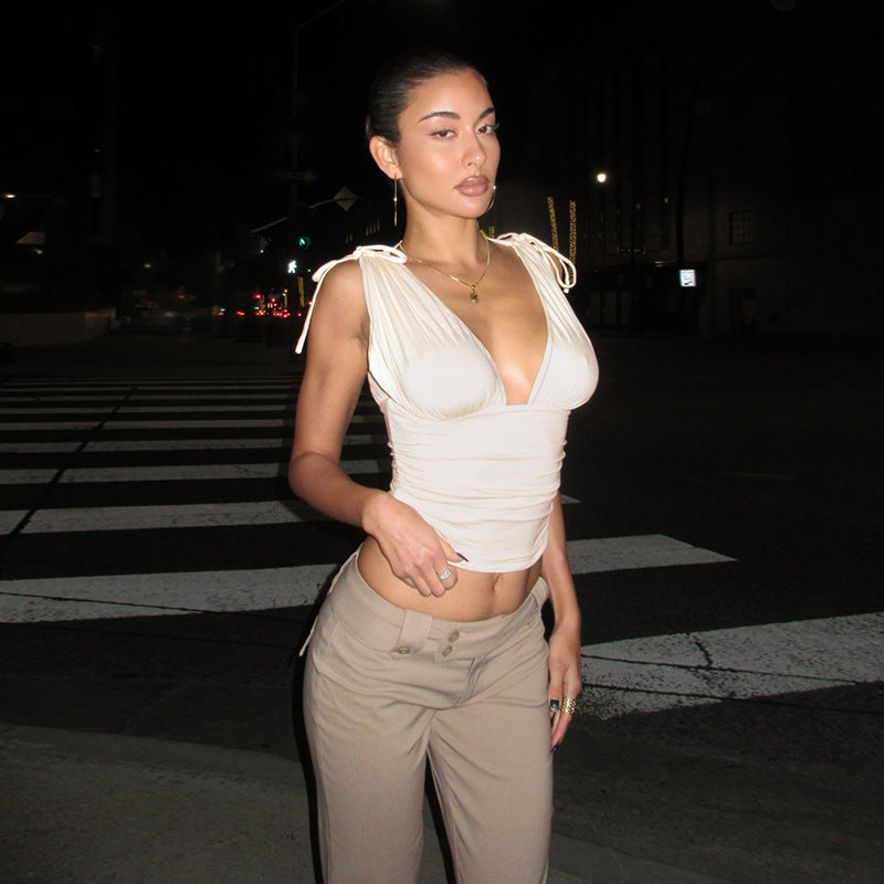 Solid Ruched Cropped Tank Top with Deep V-Neck and Tie Straps