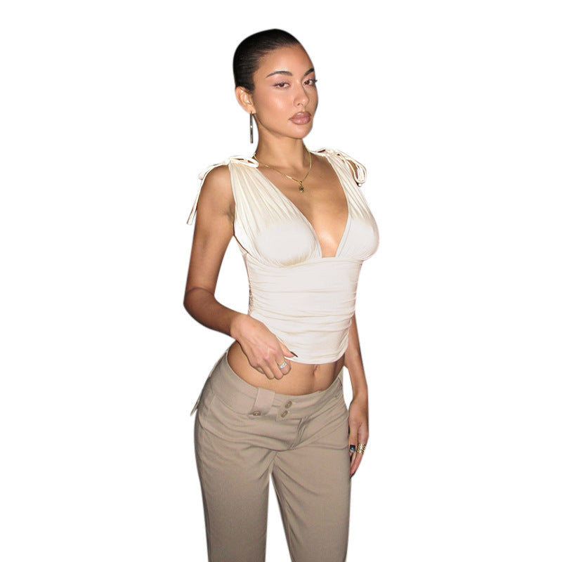 Solid Ruched Cropped Tank Top with Deep V-Neck and Tie Straps