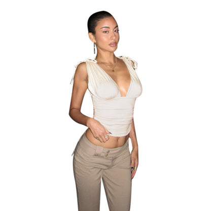 Solid Ruched Cropped Tank Top with Deep V-Neck and Tie Straps