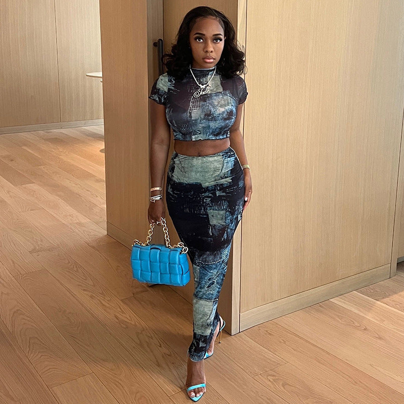 Abstract Print Bodycon Skirt Set with Mock Neck and Crop Top