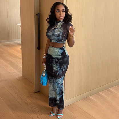 Abstract Print Bodycon Skirt Set with Mock Neck and Crop Top