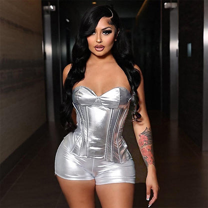 Metallic Faux Leather Two-Piece Shorts Set with Strapless Corset